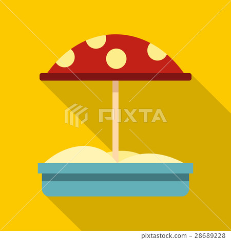 Sandbox with red dotted umbrella icon, flat style 28689228