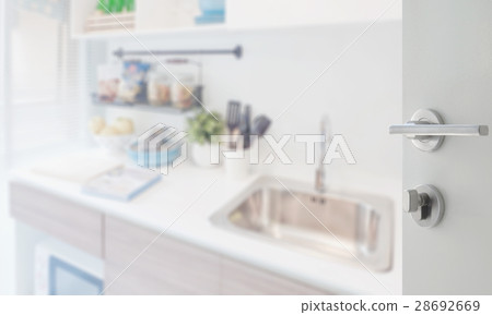 opened white door to kitchen corner with utensil opened white door to kitchen corner with utensil 28692669