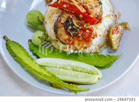 spicy stir fried catfish on rice spicy stir fried catfish on rice 28697381