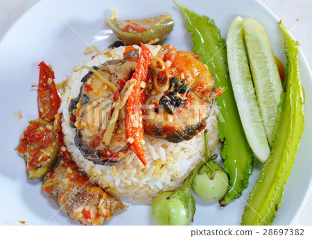 spicy stir fried catfish on rice spicy stir fried catfish on rice 28697382