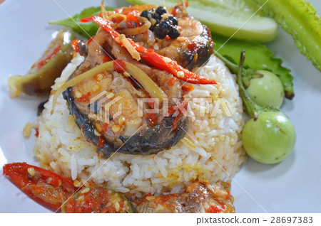 spicy stir fried catfish on rice spicy stir fried catfish on rice 28697383