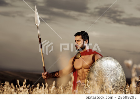 Muscular medieval warrior standing in the field Muscular medieval warrior standing in the field 28699295