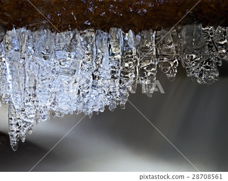 Winter creek  with icicles above freeze  stream 28708561