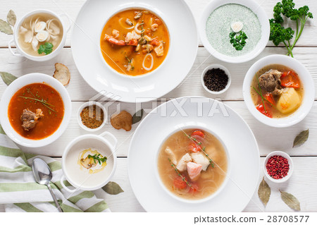 Assortment of hot soups flat lay 28708577