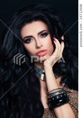 Glamorous Brunette Woman with Wavy Hair, Makeup 28712686