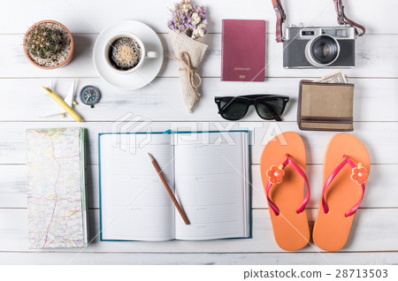 Overhead view of Traveler's accessories and items 28713503
