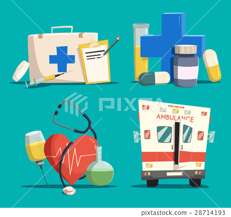 First aid kit and cross, emergency bus and heart First aid kit and cross, emergency bus and heart 28714193