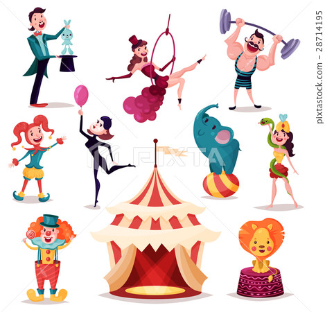 Clown and magician near circus tent or camp Clown and magician near circus tent or camp 28714195