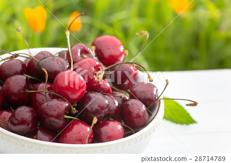 Bowl of cherry berries on grass background 28714789