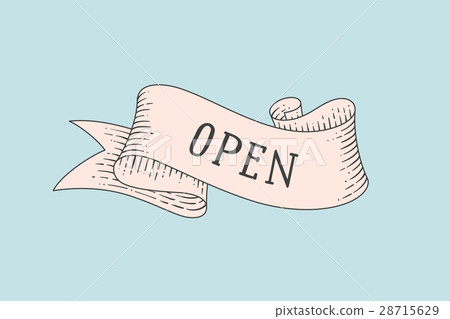 Greeting card with vintage ribbon and word Open 28715629