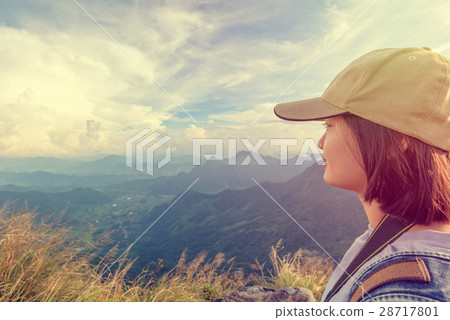 Vintage girl tourist scenic mountains 28717801