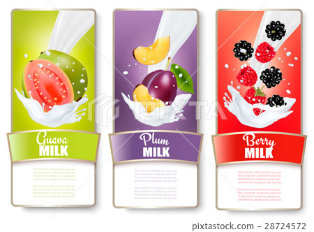 Set of three labels of fruit in milk splashes. Set of three labels of fruit in milk splashes. 28724572