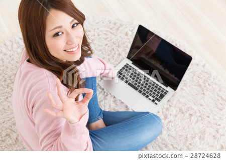 觀看一台計算機的婦女在屋子裡 觀看一台計算機的婦女在屋子裡 28724628