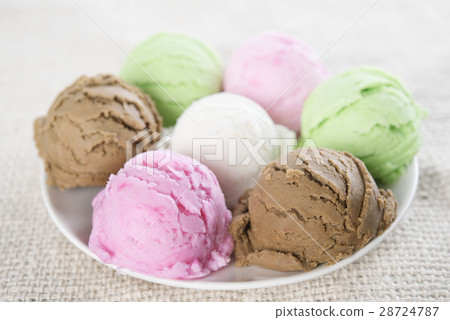 Assorted ice cream scoops on plate. 28724787