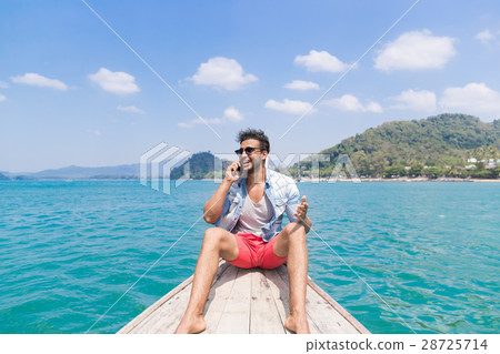 Young Man Tourist Sail Long Tail Thailand Boat Young Man Tourist Sail Long Tail Thailand Boat 28725714