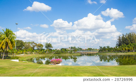 White hanging bridge of Nong Prajak Park and sky White hanging bridge of Nong Prajak Park and sky 28726996