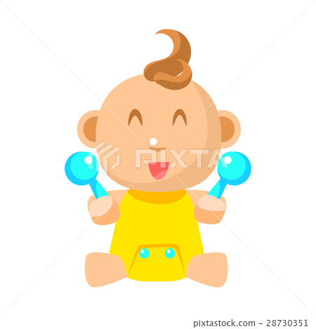 Small Happy Baby In Yellow Onesie With Two Toy 28730351
