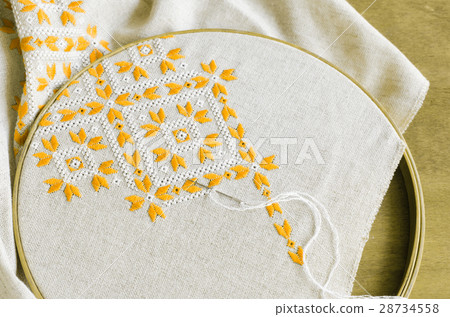 Handmade embroidery on flax. Craft embroidery. Handmade embroidery on flax. Craft embroidery. 28734558