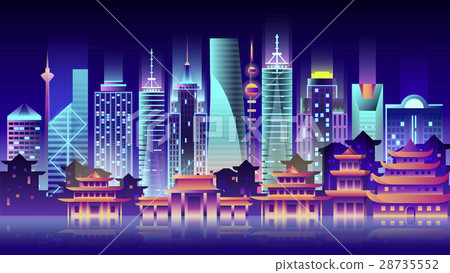 China city night neon style architecture buildings China city night neon style architecture buildings 28735552