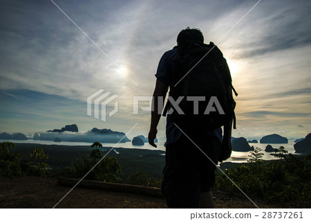 man traveller silhouette at the sea on sunset time man traveller silhouette at the sea on sunset time 28737261