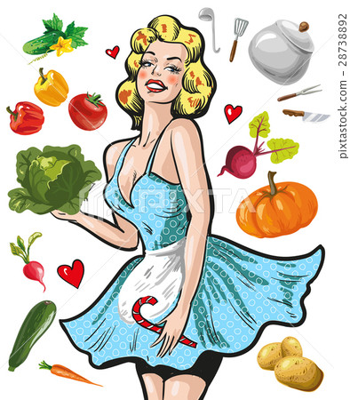 Pin up girl in an apron with vegetables cooking 28738892