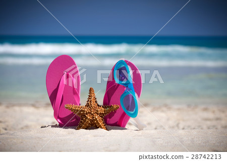 Pink flip flops, swimming glasses and starfish Pink flip flops, swimming glasses and starfish 28742213