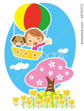 Dogs and women enjoying air travel with spring balloon 28743771