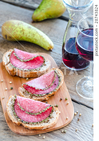 Slices of italian salami with pears and wine 28743824
