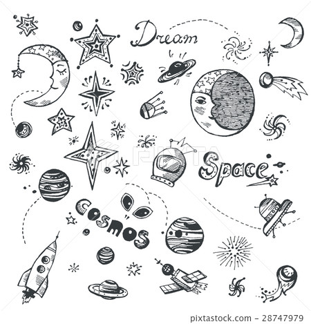 Hand drawn doodle set with space elements: stars Hand drawn doodle set with space elements: stars 28747979