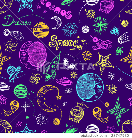 Hand drawn doodle seamless pattern with space Hand drawn doodle seamless pattern with space 28747980