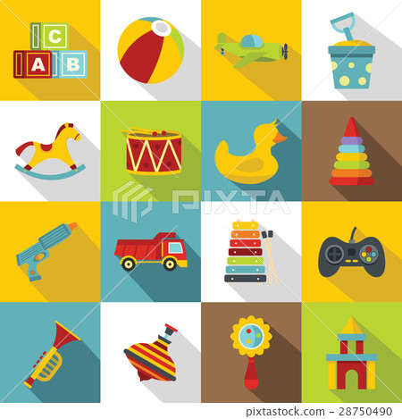 Different kids toys icons set, flat style 28750490
