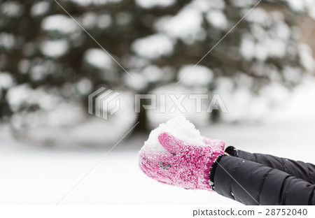 close up of woman holding snow outdoors 28752040