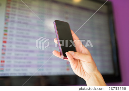 hand with smartphone over exchange rates on screen hand with smartphone over exchange rates on screen 28753366