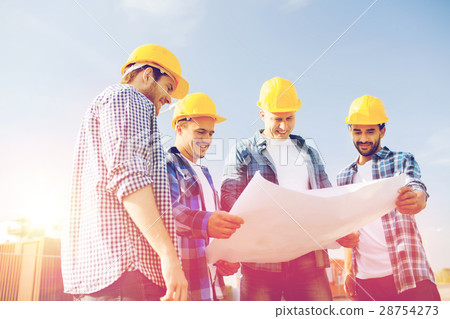 group of builders with tablet pc and blueprint 28754273