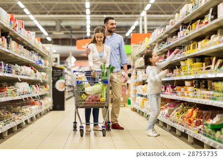 family with food in shopping cart at grocery store family with food in shopping cart at grocery store 28755735