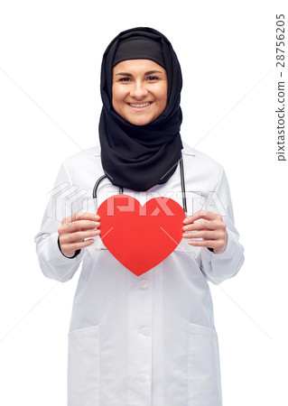 muslim female doctor in hijab holding red heart 28756205