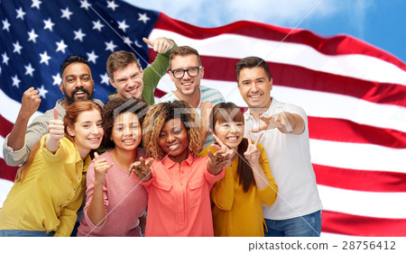 international people gesturing over american flag 28756412