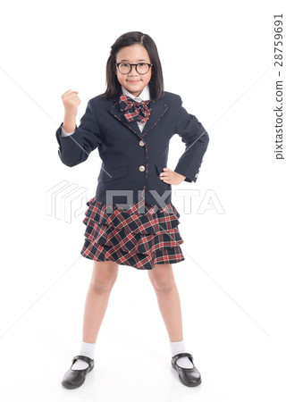 Asian child in school uniform with pink school bag Asian child in school uniform with pink school bag 28759691