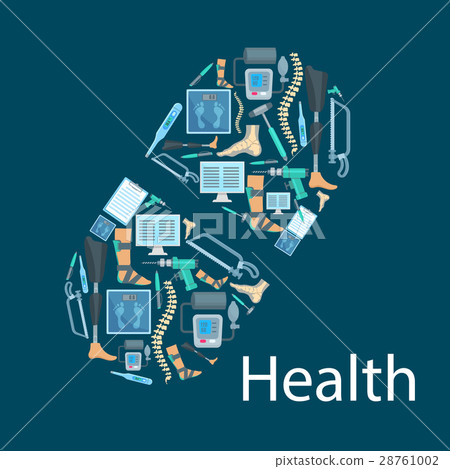 Pill capsule with health care, orthopedics icons Pill capsule with health care, orthopedics icons 28761002