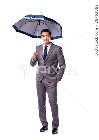 Businessman with umbrella isolated on white 28763665
