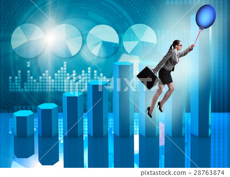Businesswoman flying on hot balloon over graph Businesswoman flying on hot balloon over graph 28763874