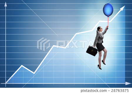 Businesswoman flying on hot balloon over graph Businesswoman flying on hot balloon over graph 28763875