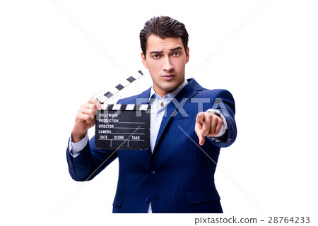 Handsome man with movie clapper isolated on white Handsome man with movie clapper isolated on white 28764233