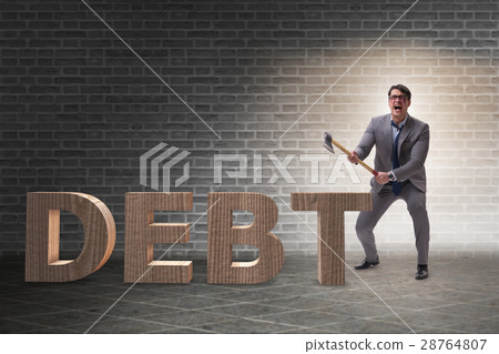 Angry man with axe axing the word debt Angry man with axe axing the word debt 28764807