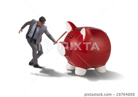 Angry man with baseball bat hitting piggybank Angry man with baseball bat hitting piggybank 28764808