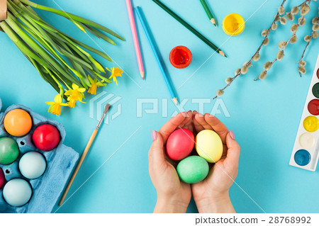 The top view of easter on blue table office 28768992