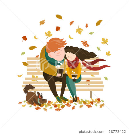 Couple sitting on bench and drink coffee 28772422
