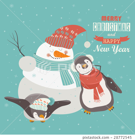 Funny penguins with snowman celebrating Christmas 28772545