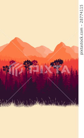 Illustration of mountains and forest with grass. 28774115