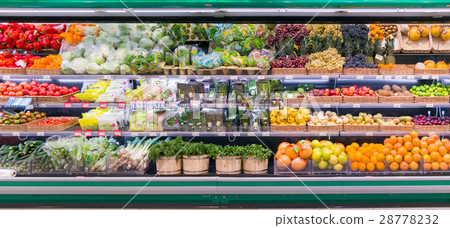 Fresh fruits and vegetables on shelf in Fresh fruits and vegetables on shelf in 28778232